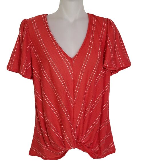 W5 Women’s Top Small Dot Striped Flutter Twist Front Short Sleeve Red V Neck - Picture 1 of 9